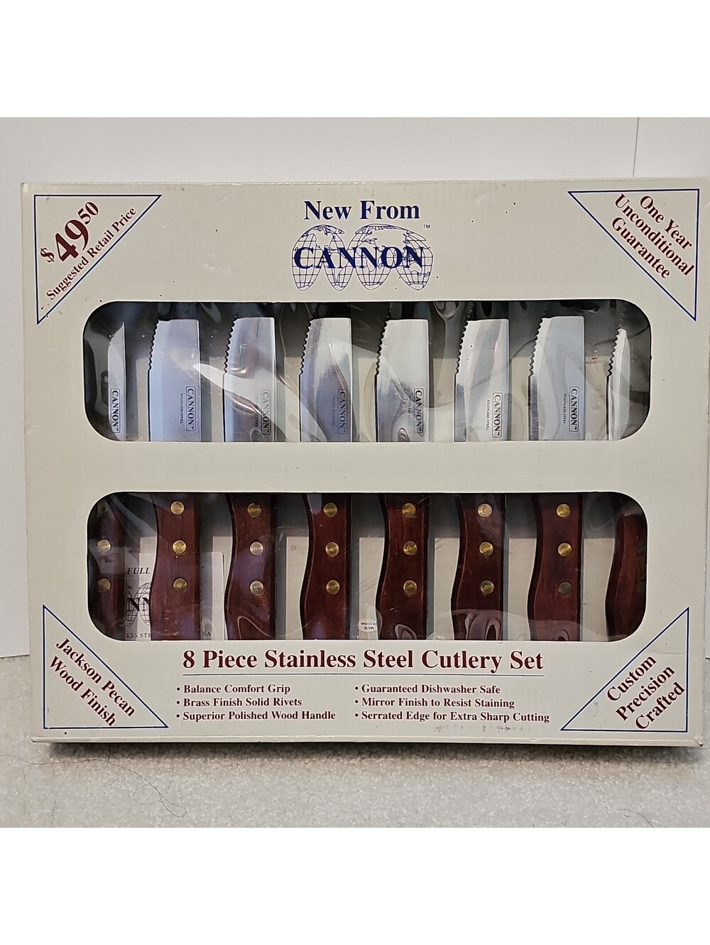 Vintage Cannon 8pc Stainless Cutlery Set Jackson Pecan Wood NIB Kitchen Knives